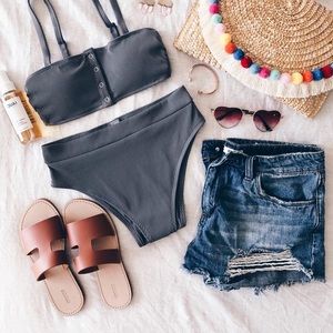 Aeire ribbed Henley bikini top in charcoal